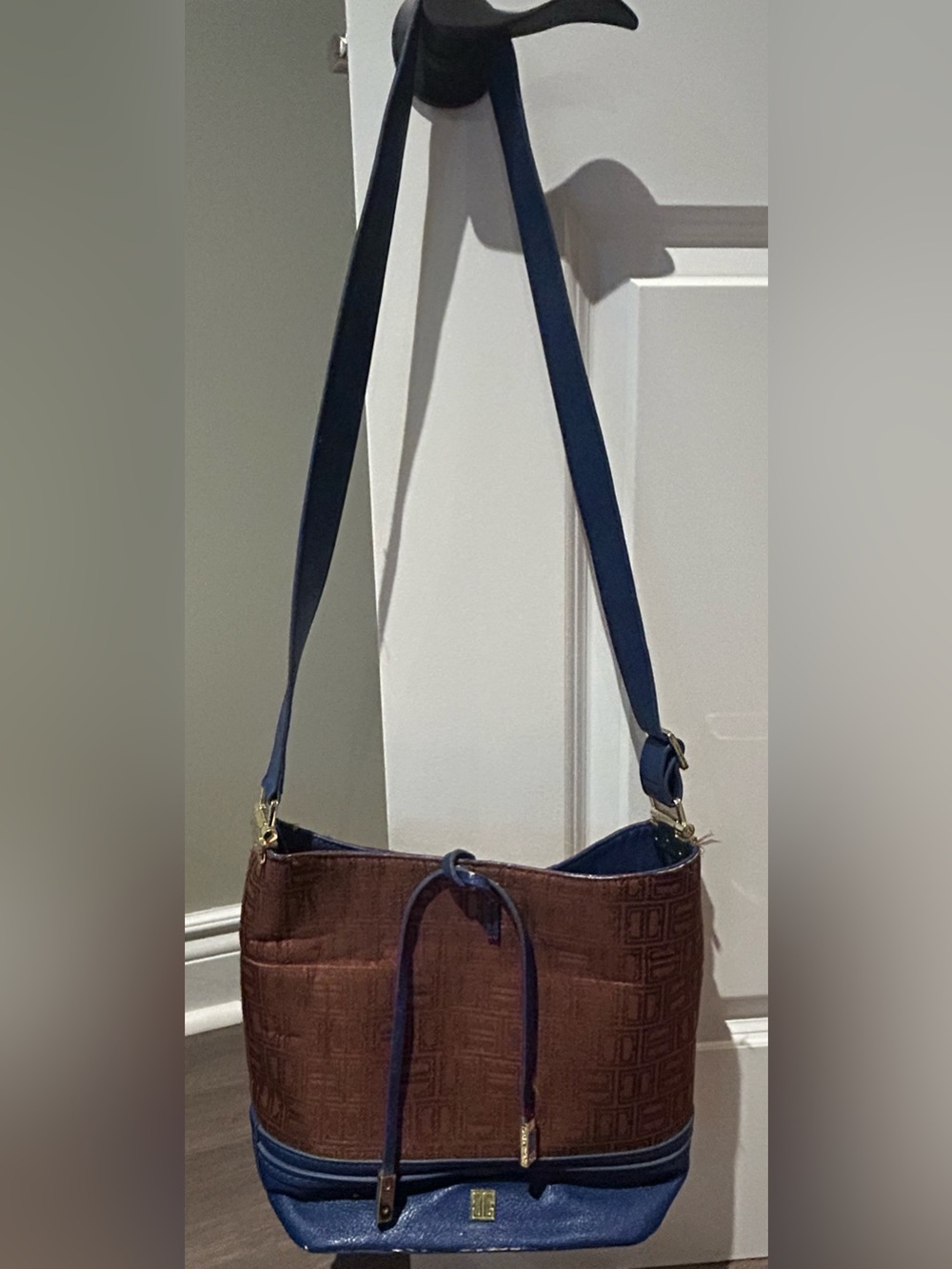 Brown Monogram Shoulder Bag with Navy Accents